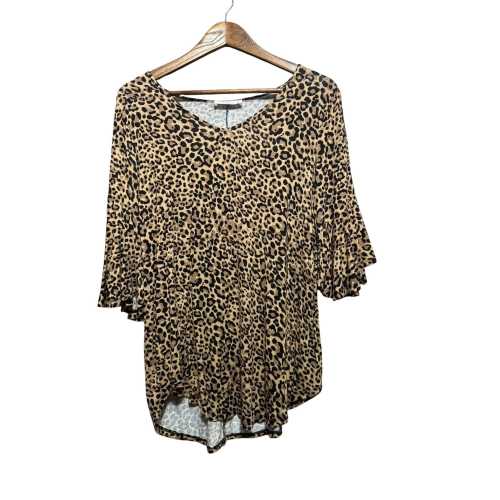 Zenana Leopard Print Top Womens Medium Brown Tiered Bell Sleeve RT-8039AB